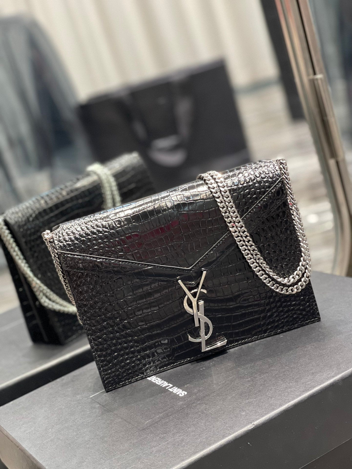 YSL "Cassandra Black and Silver Monogram Crocodile Leather Crossbody"