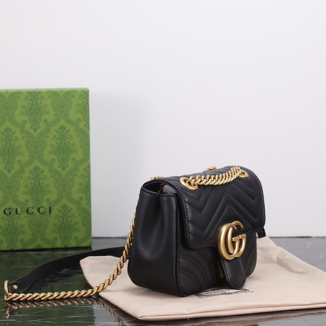 GUCCI "Calfskin Matelasse Mini GG Marmont Square Shoulder Bag Black"