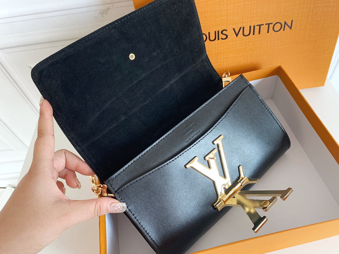 Louis Vuitton "Black Calfskin Leather Chain Louise GM Bag"