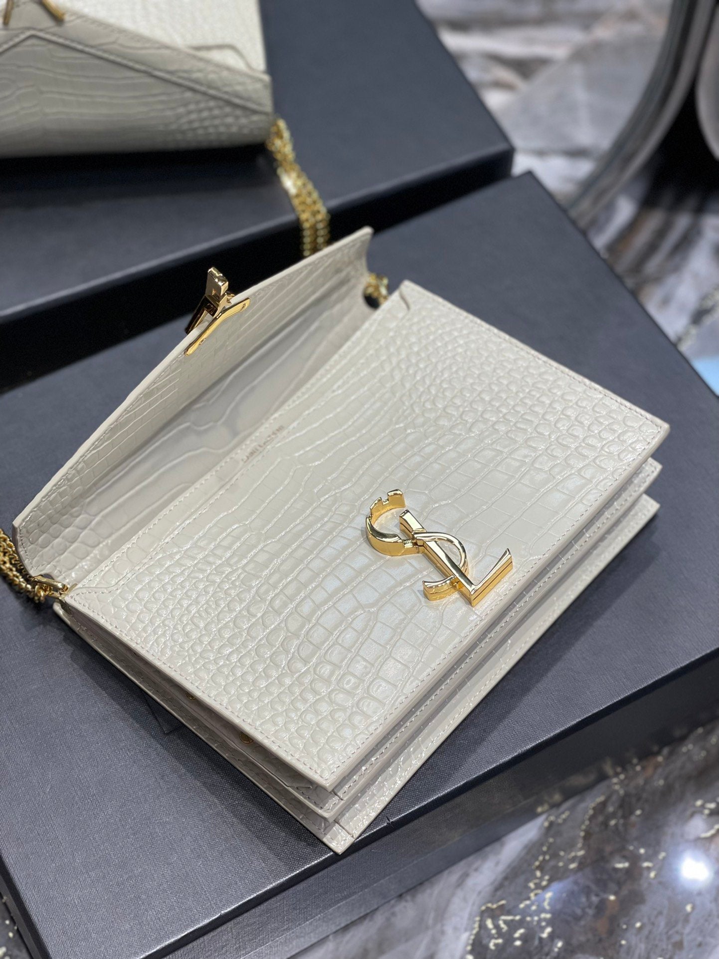 YSL "Cassandra White Monogram Crocodile Leather Crossbody"