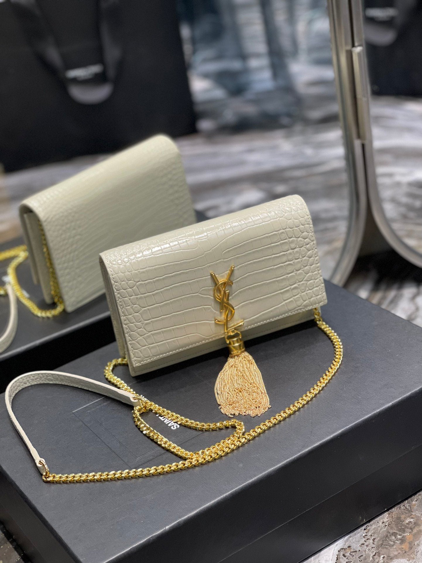 YSL "White Croc Embossed Leather Kate Wallet"