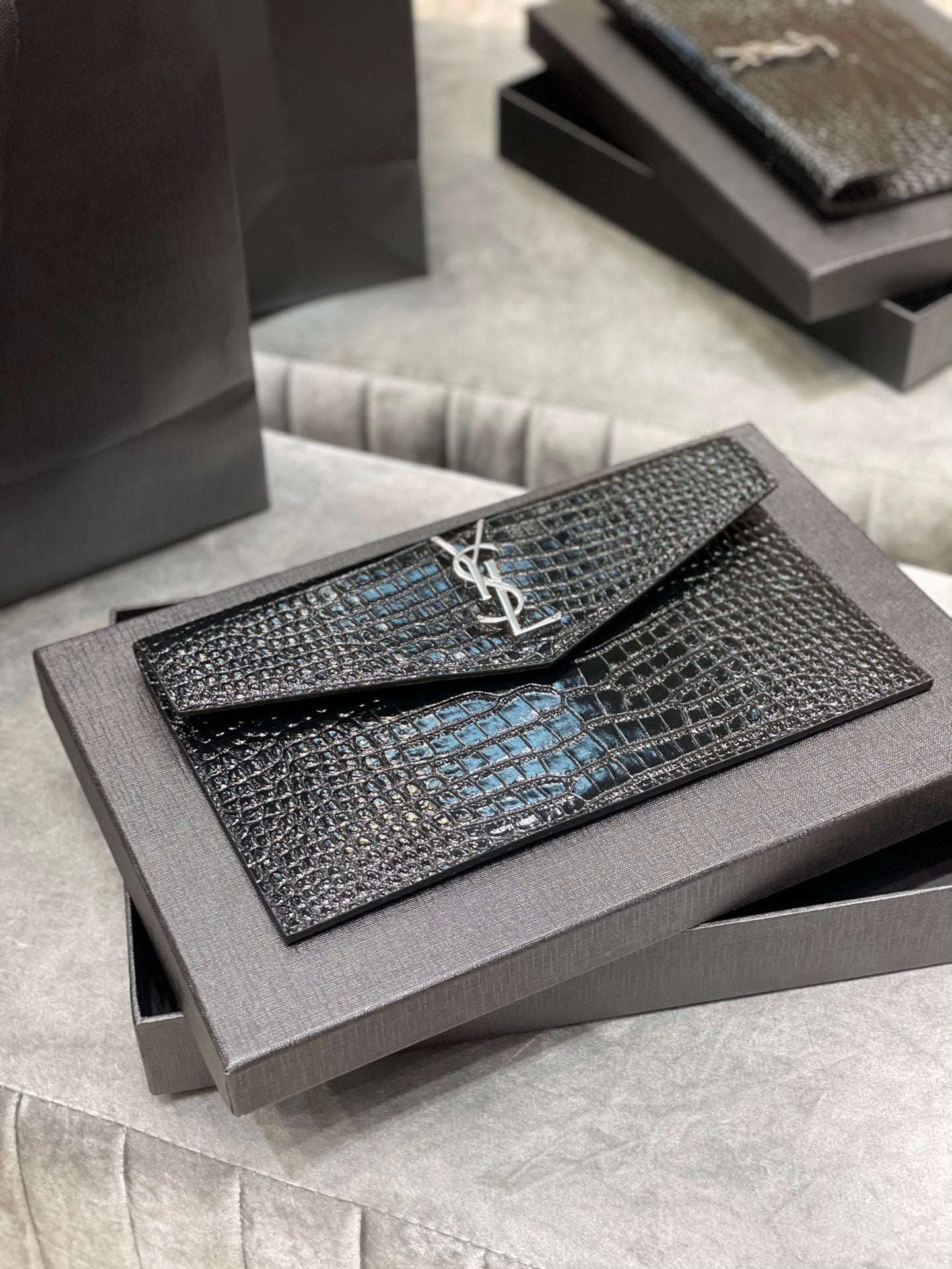 YSL "Medium Uptown Monogram Leather Clutch Black and Silver"