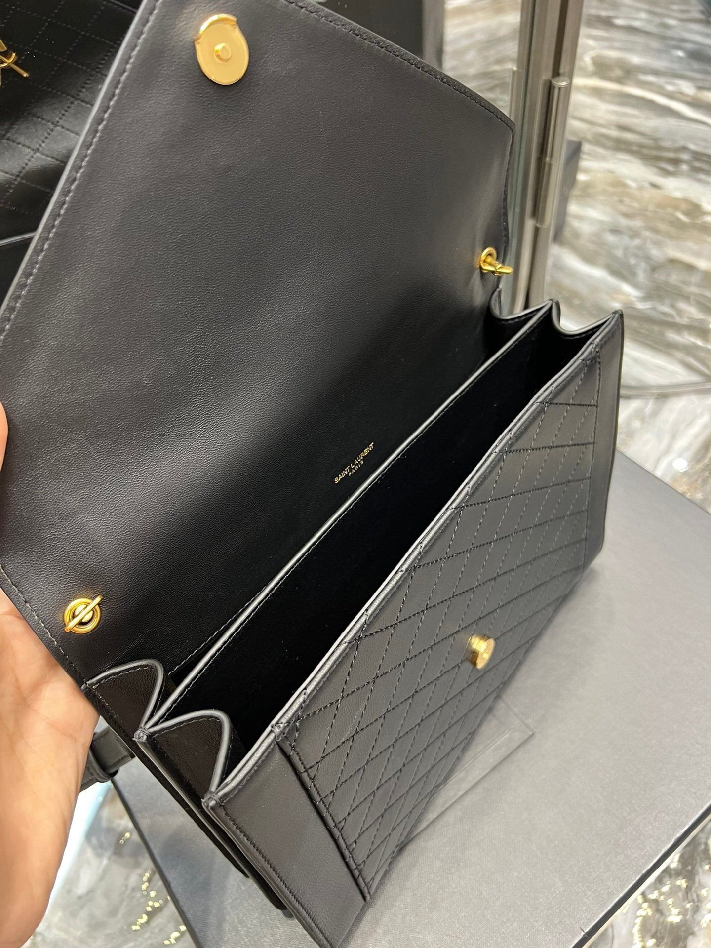 YSL "Mini Quilted Lambskin Monogram Gaby Crossbody Bag Black"