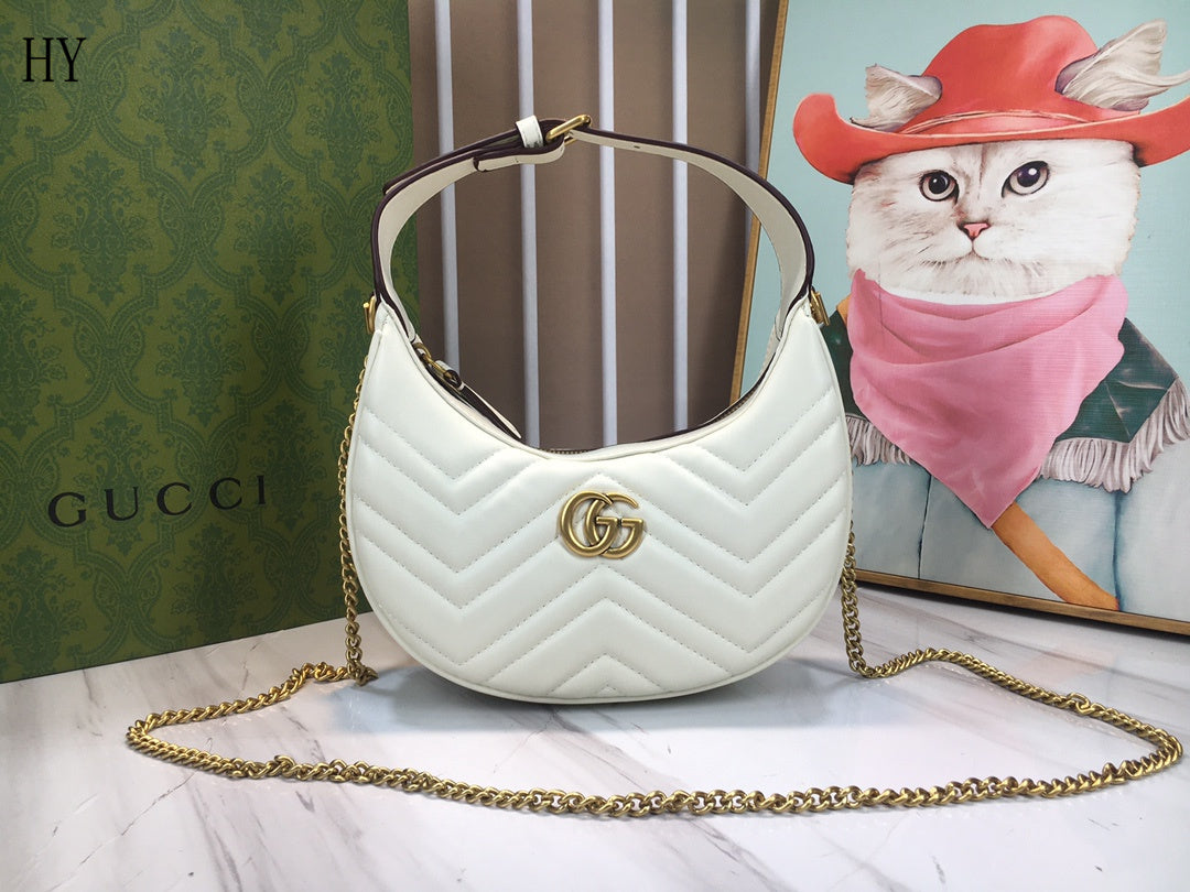 Gucci "White Matelassé Leather Mini GG Marmont Half Moon Shoulder Bag"