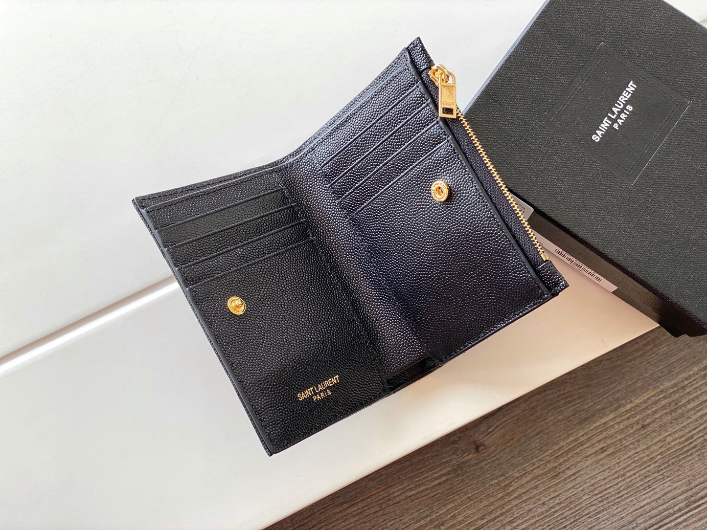 YSL "Monogram Wallet in Black Grained Leather"