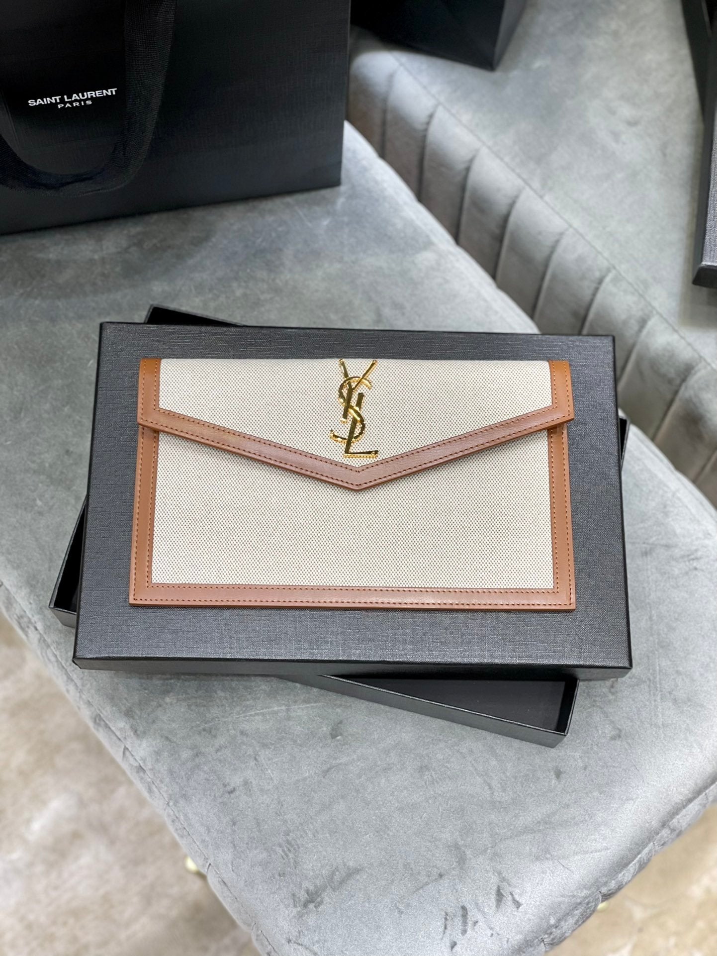 YSL "Medium Uptown Monogram Leather Beige"