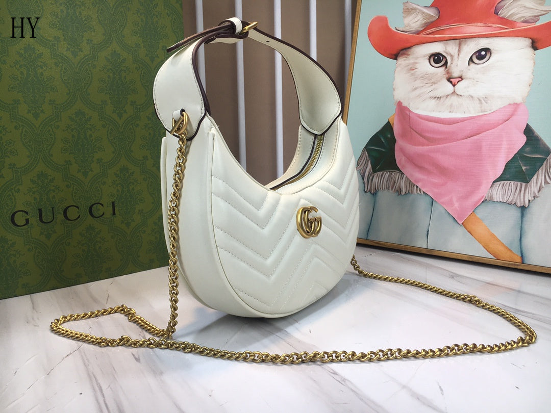 Gucci "White Matelassé Leather Mini GG Marmont Half Moon Shoulder Bag"