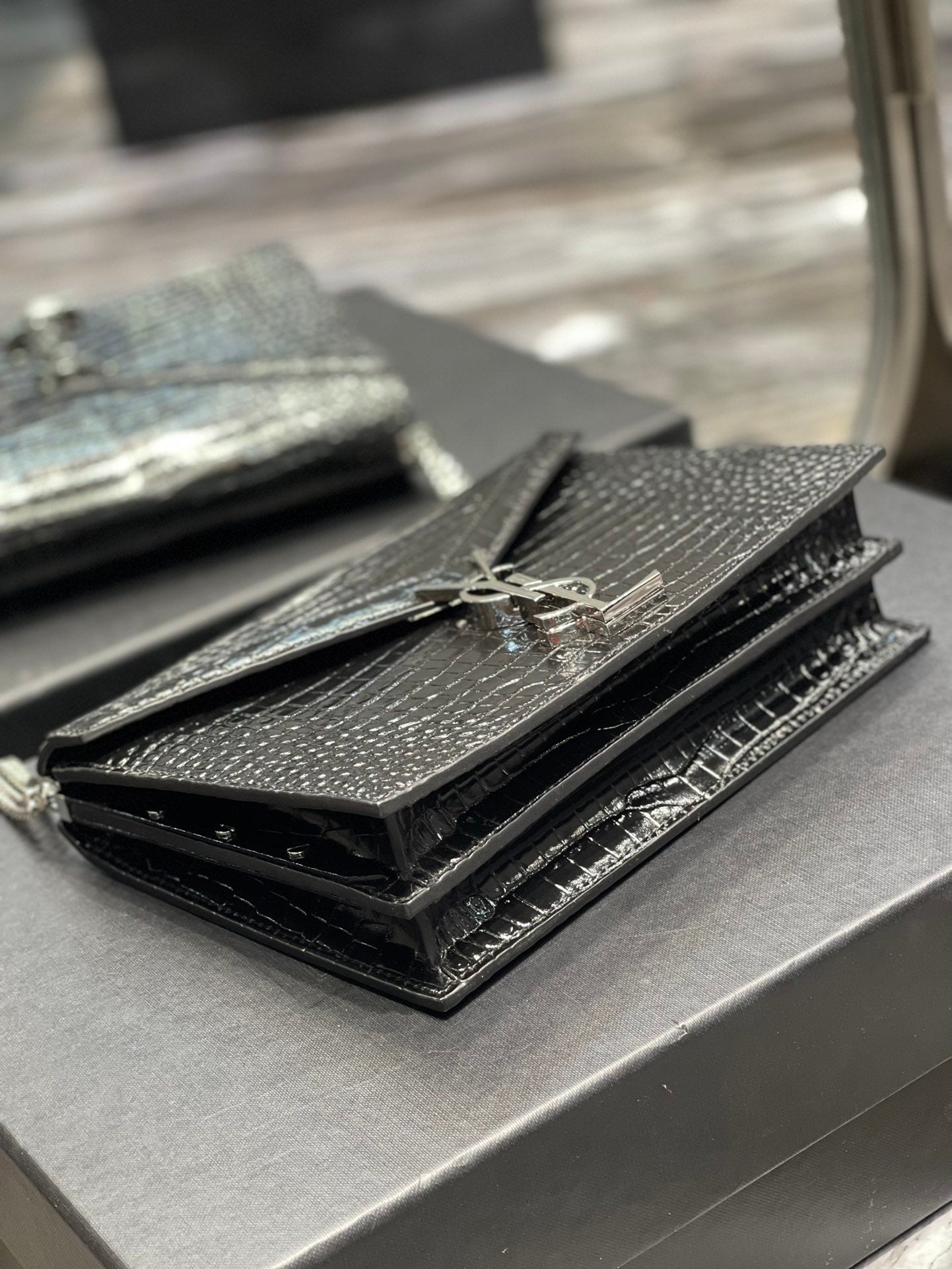 YSL "Cassandra Black and Silver Monogram Crocodile Leather Crossbody"