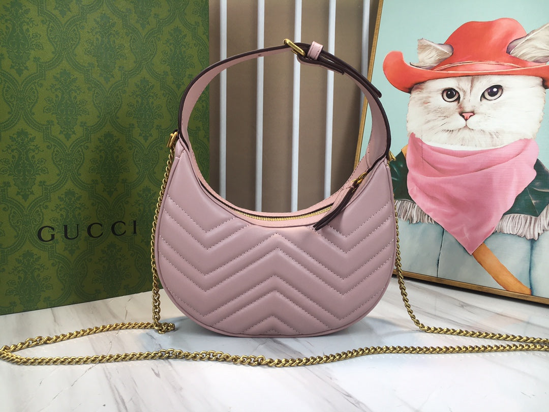 Gucci "Pink Matelassé Leather Mini GG Marmont Half Moon Shoulder Bag"