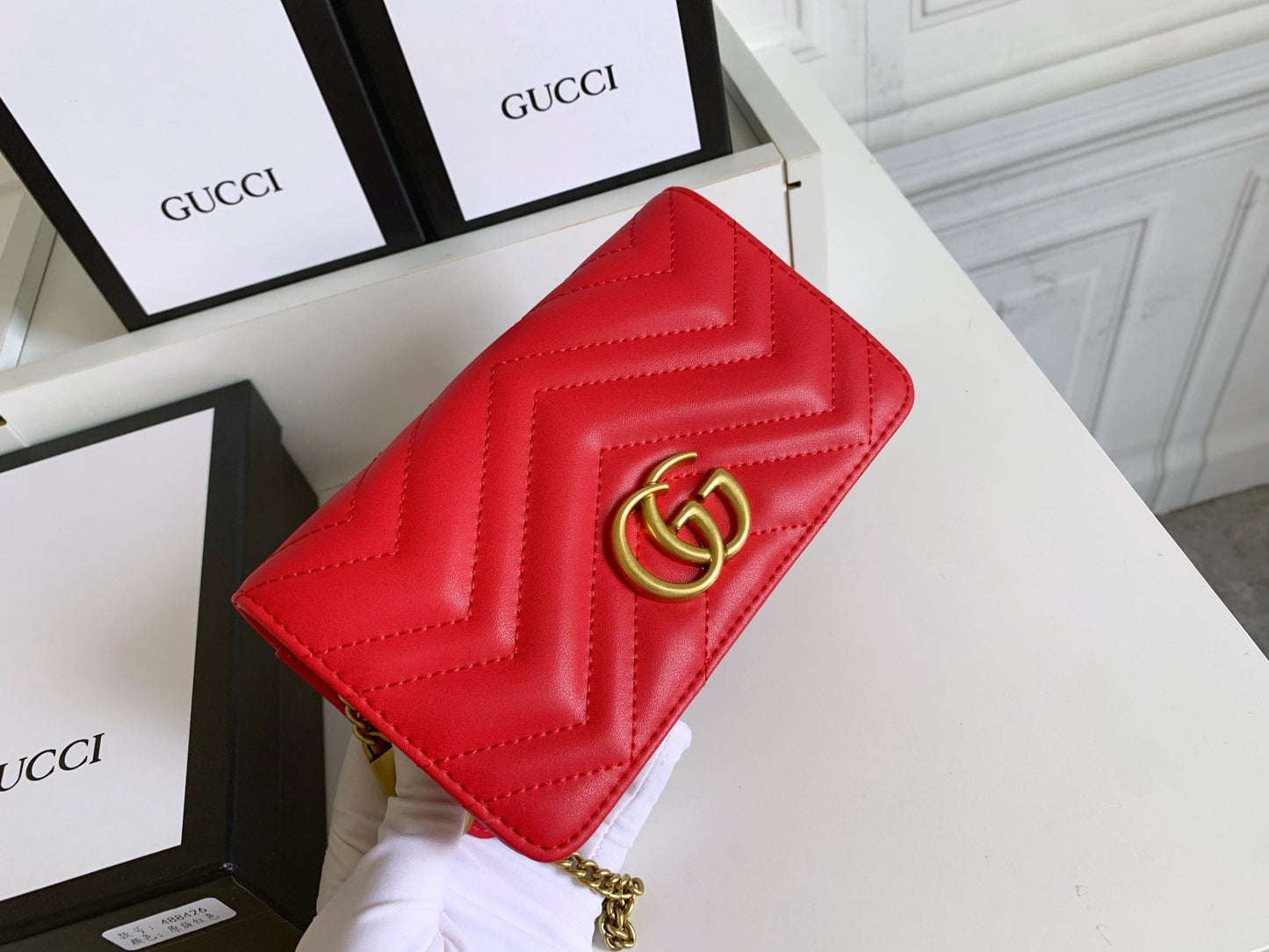 Gucci "Calfskin Matelasse GG Marmont Mini Bag Red"