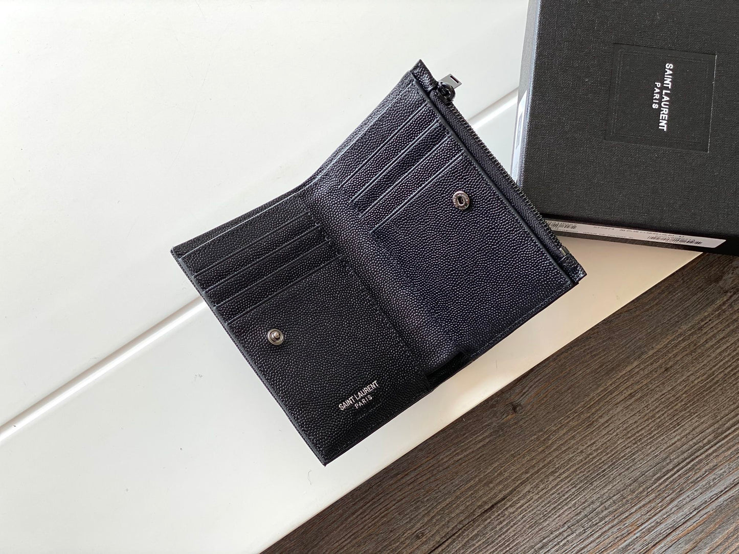 YSL "Monogram Wallet in Full Black Grained Leather"