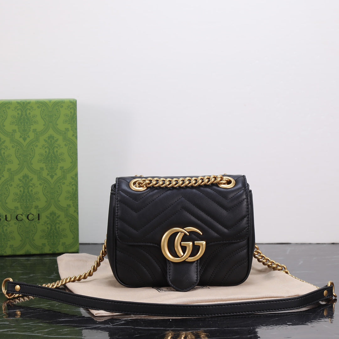 GUCCI "Calfskin Matelasse Mini GG Marmont Square Shoulder Bag Black"