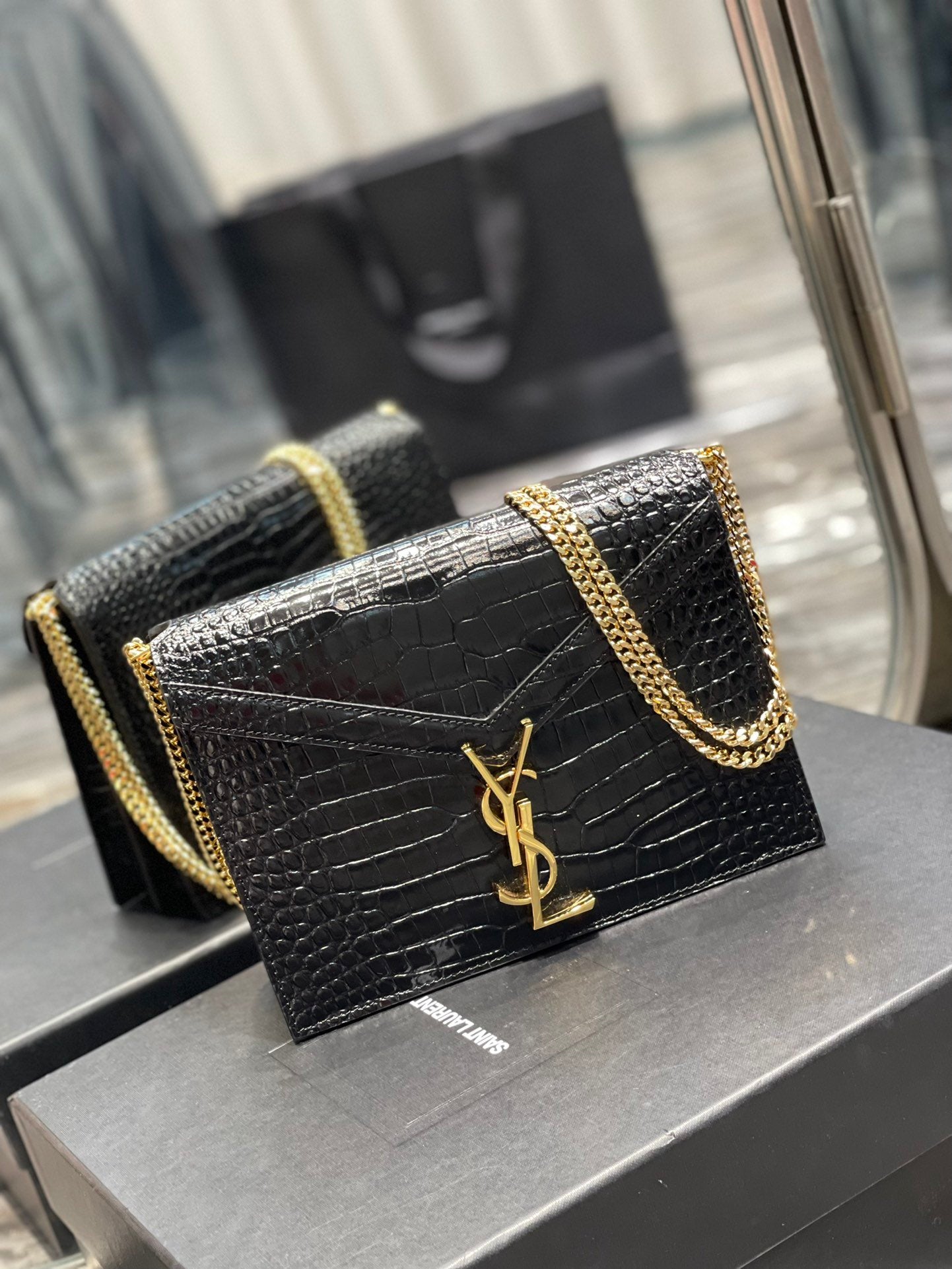 YSL "Cassandra Black and Gold Monogram Crocodile Leather Crossbody"