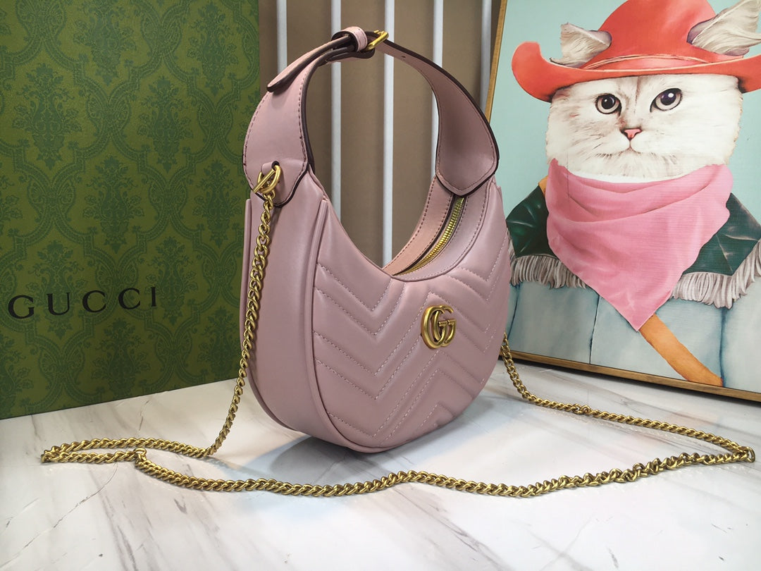 Gucci "Pink Matelassé Leather Mini GG Marmont Half Moon Shoulder Bag"