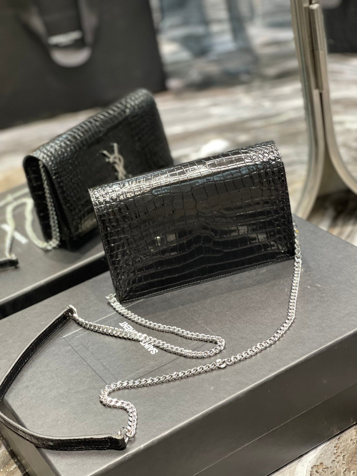 YSL "Full Black Croc Embossed Leather Kate Wallet"