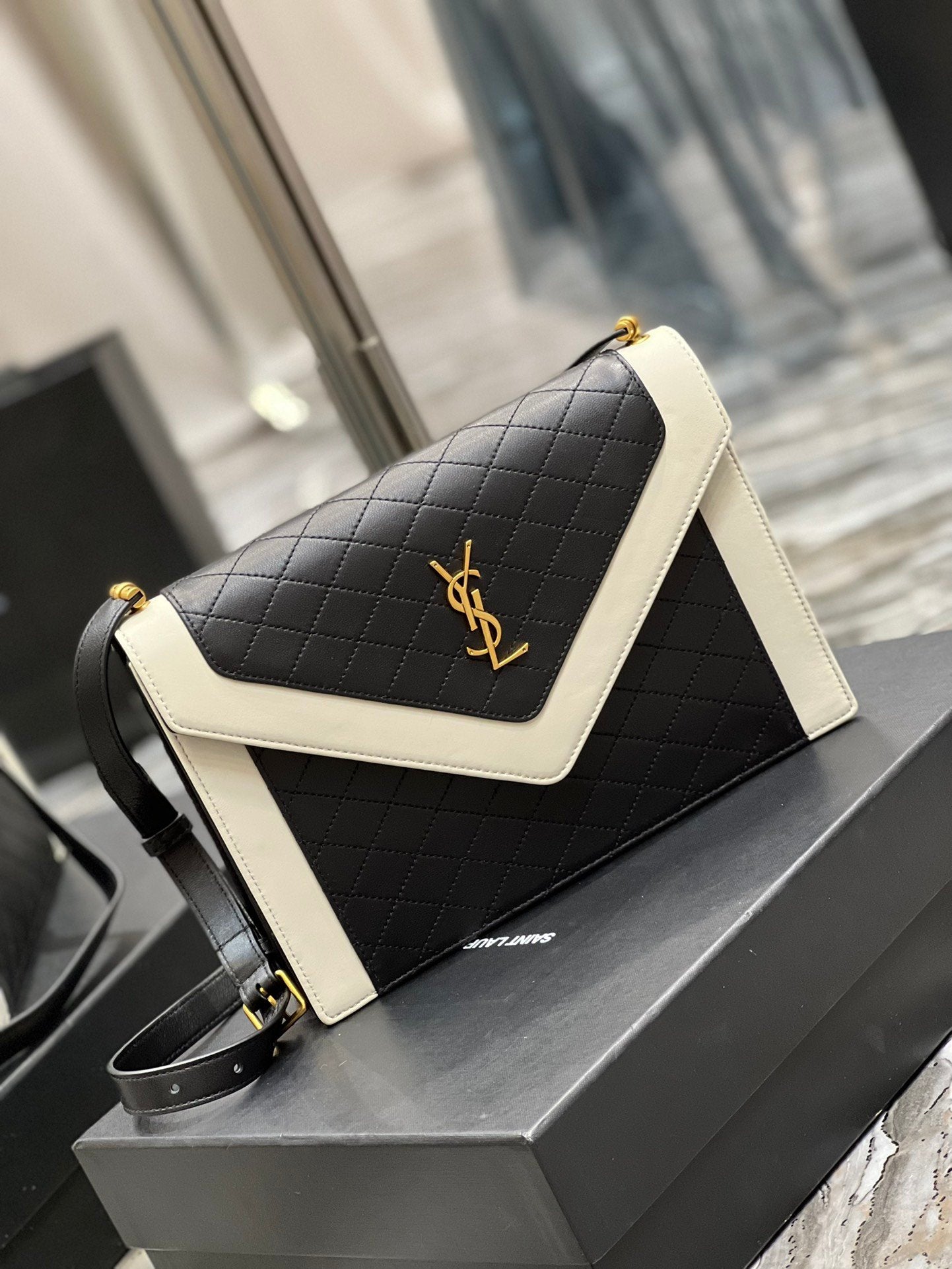 YSL "Mini Quilted Lambskin Monogram Gaby Crossbody Bag Black and White"