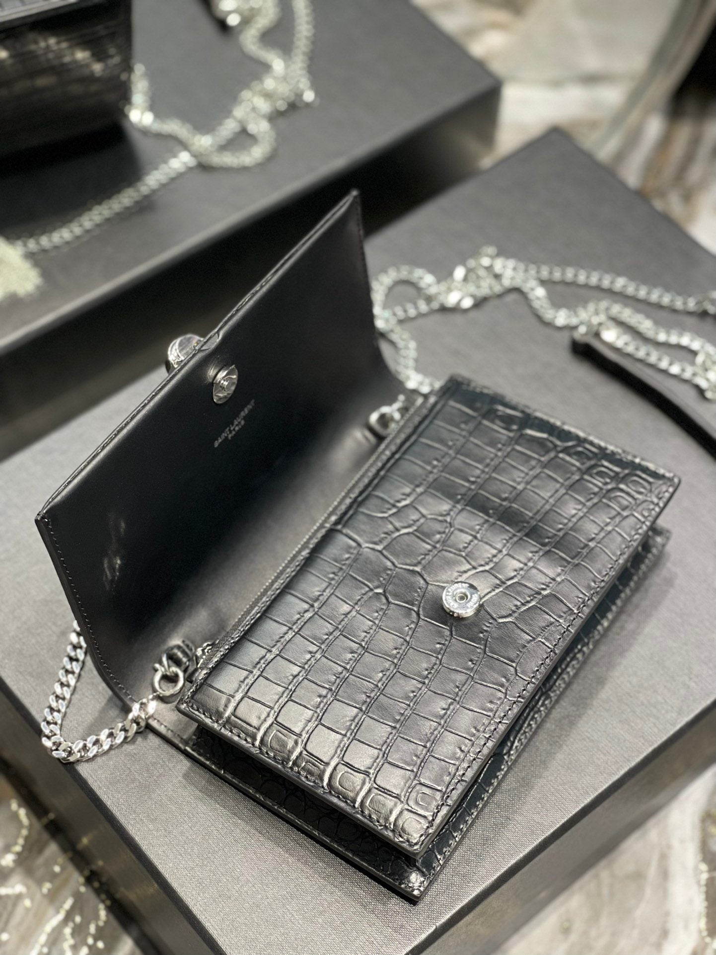 YSL "Black and Silver and Gold Croc Embossed Leather Kate Wallet"