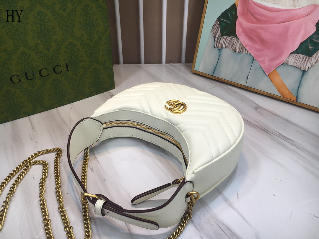 Gucci "White Matelassé Leather Mini GG Marmont Half Moon Shoulder Bag"