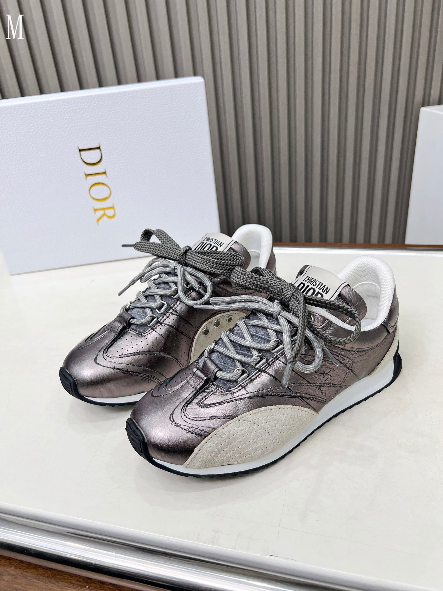 Dior D-Sketch "Silver-Tone Crinkled Lambskin and Laminated Calfskin"