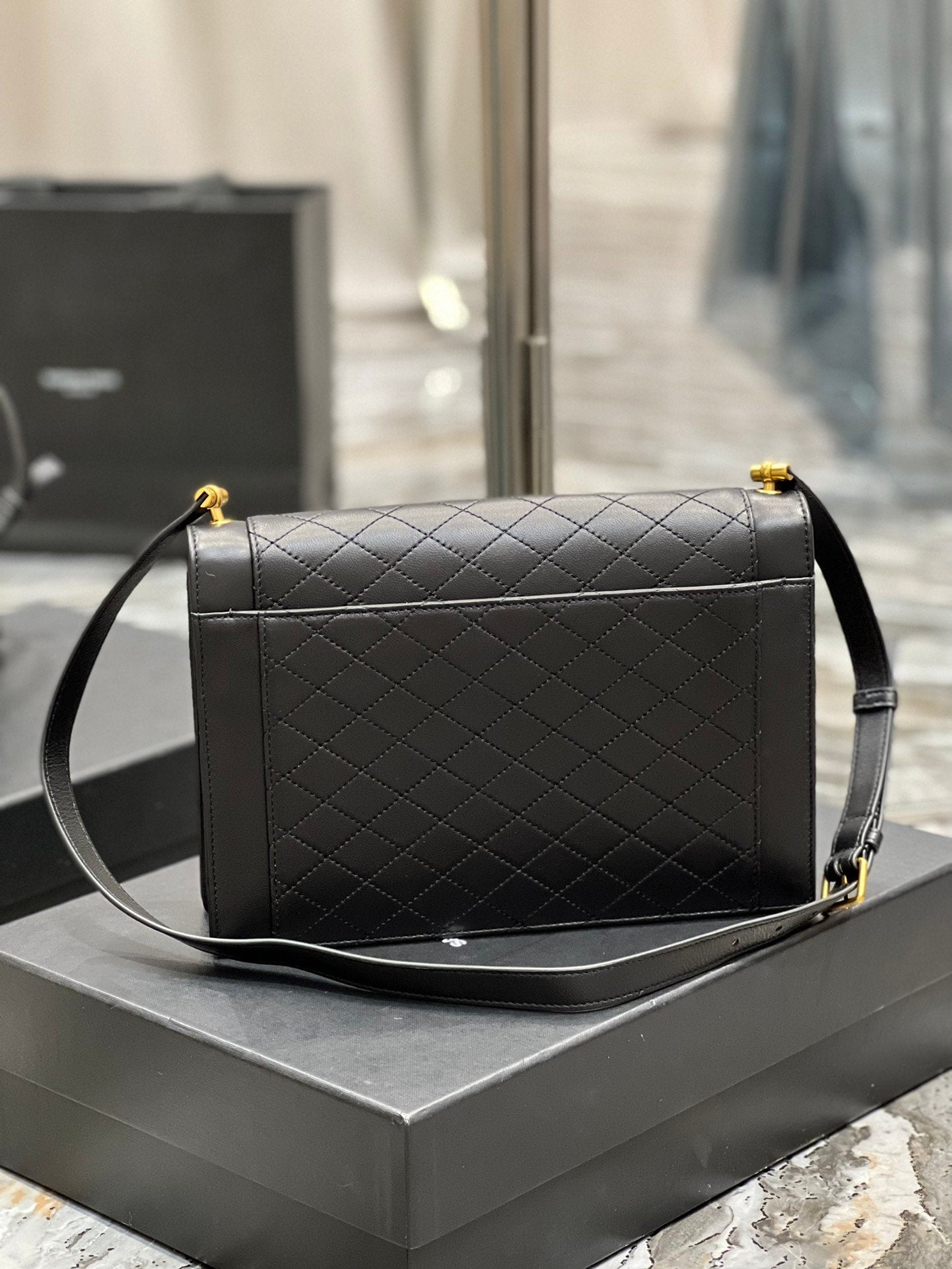 YSL "Mini Quilted Lambskin Monogram Gaby Crossbody Bag Black"