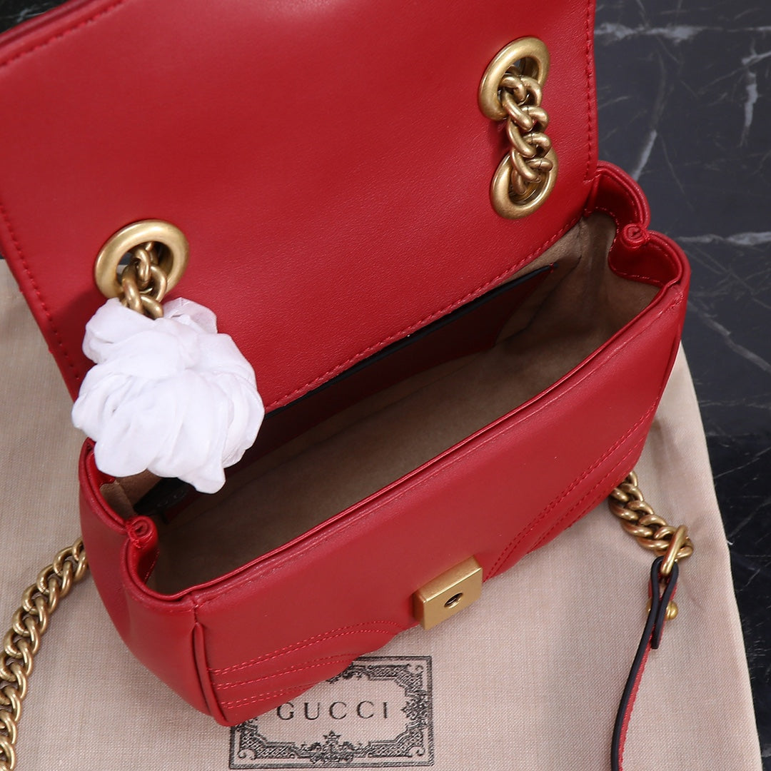 GUCCI "Calfskin Matelasse Mini GG Marmont Square Shoulder Bag Red"