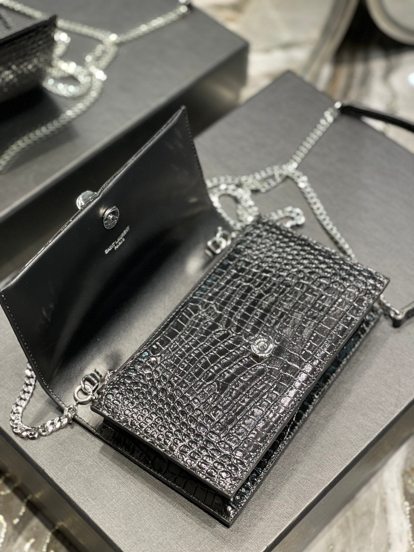 YSL "Full Black Croc Embossed Leather Kate Wallet"