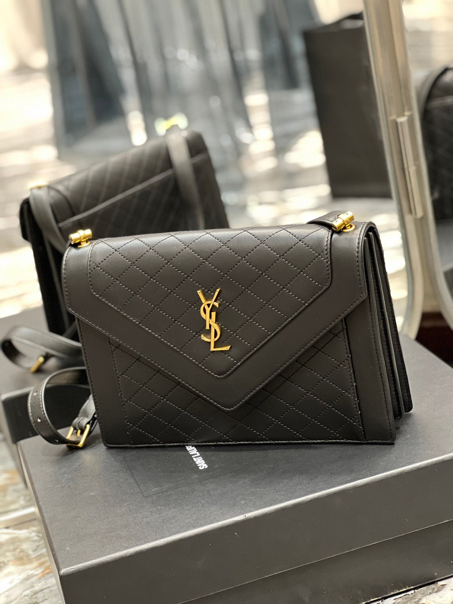 YSL "Mini Quilted Lambskin Monogram Gaby Crossbody Bag Black"