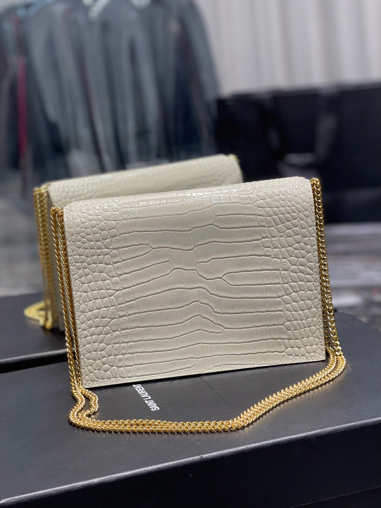 YSL "Cassandra White Monogram Crocodile Leather Crossbody"