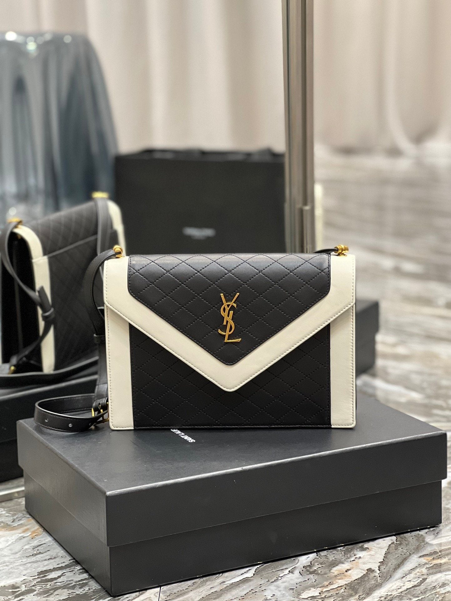 YSL "Mini Quilted Lambskin Monogram Gaby Crossbody Bag Black and White"
