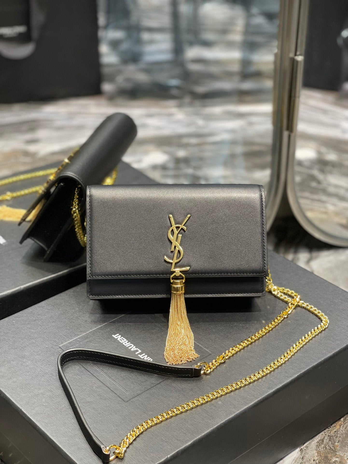 YSL "Black and Gold Kate Small Chain Bag with Tasse"