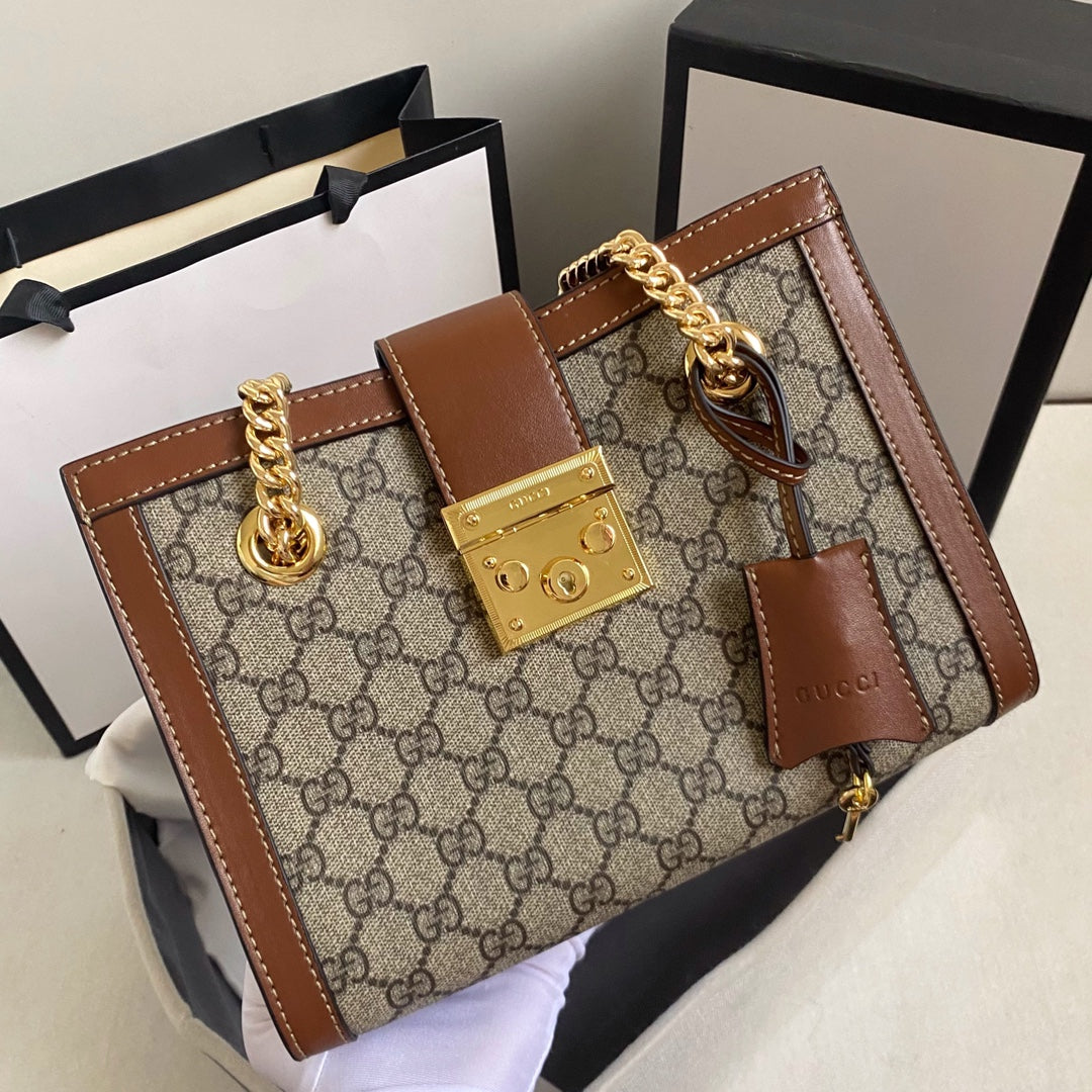 Gucci "GG Supreme Padlock Shoulder Bag Brown Leather"