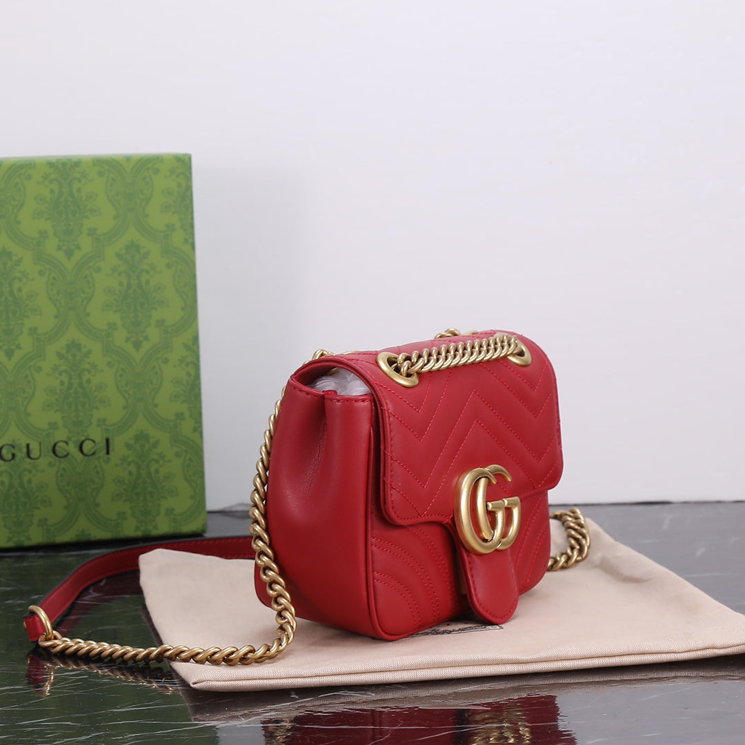 GUCCI "Calfskin Matelasse Mini GG Marmont Square Shoulder Bag Red"