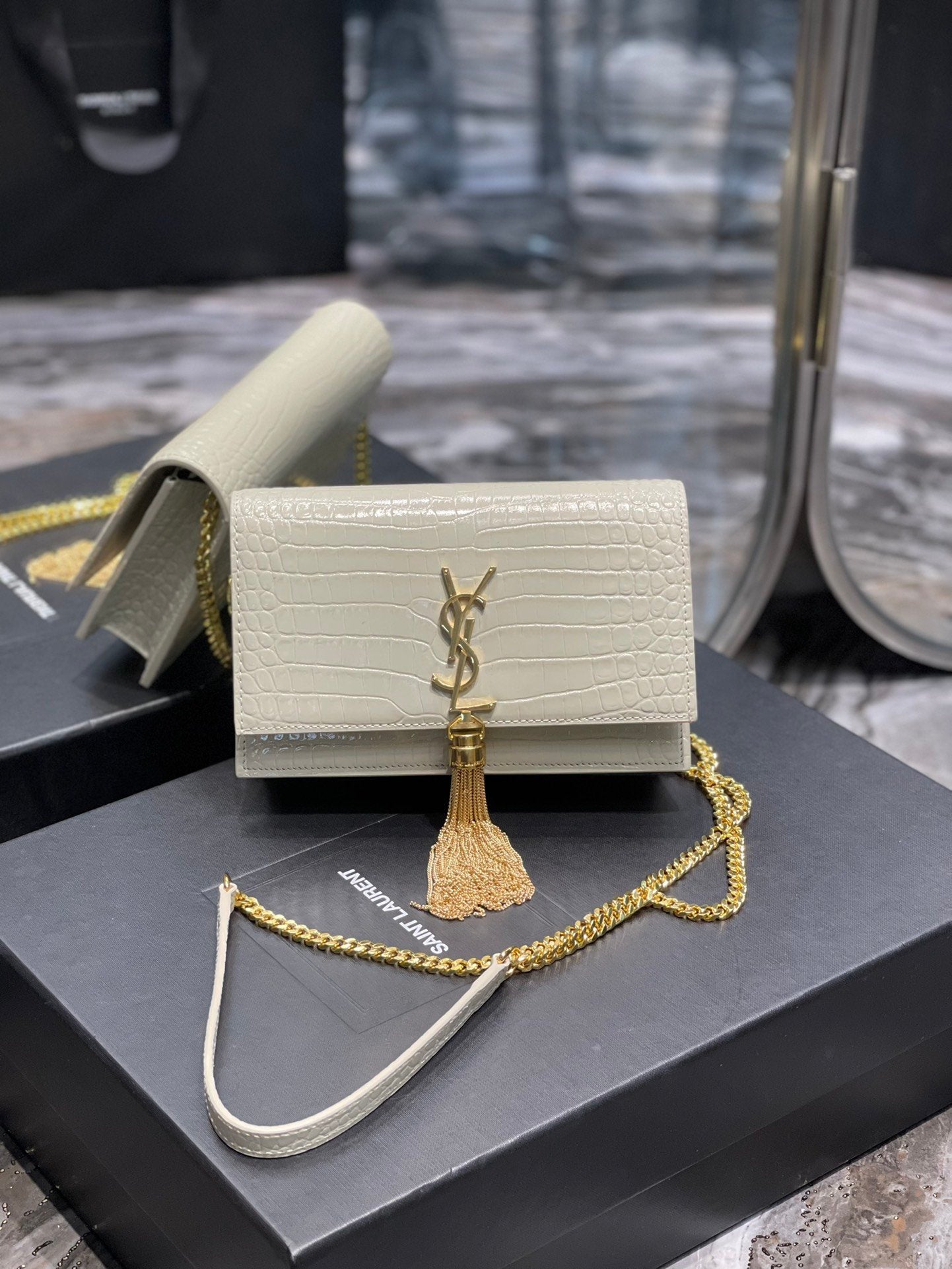 YSL "White Croc Embossed Leather Kate Wallet"