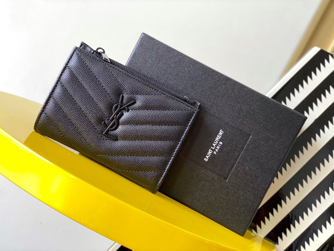 YSL "Monogram Wallet in Full Black Grained Leather"