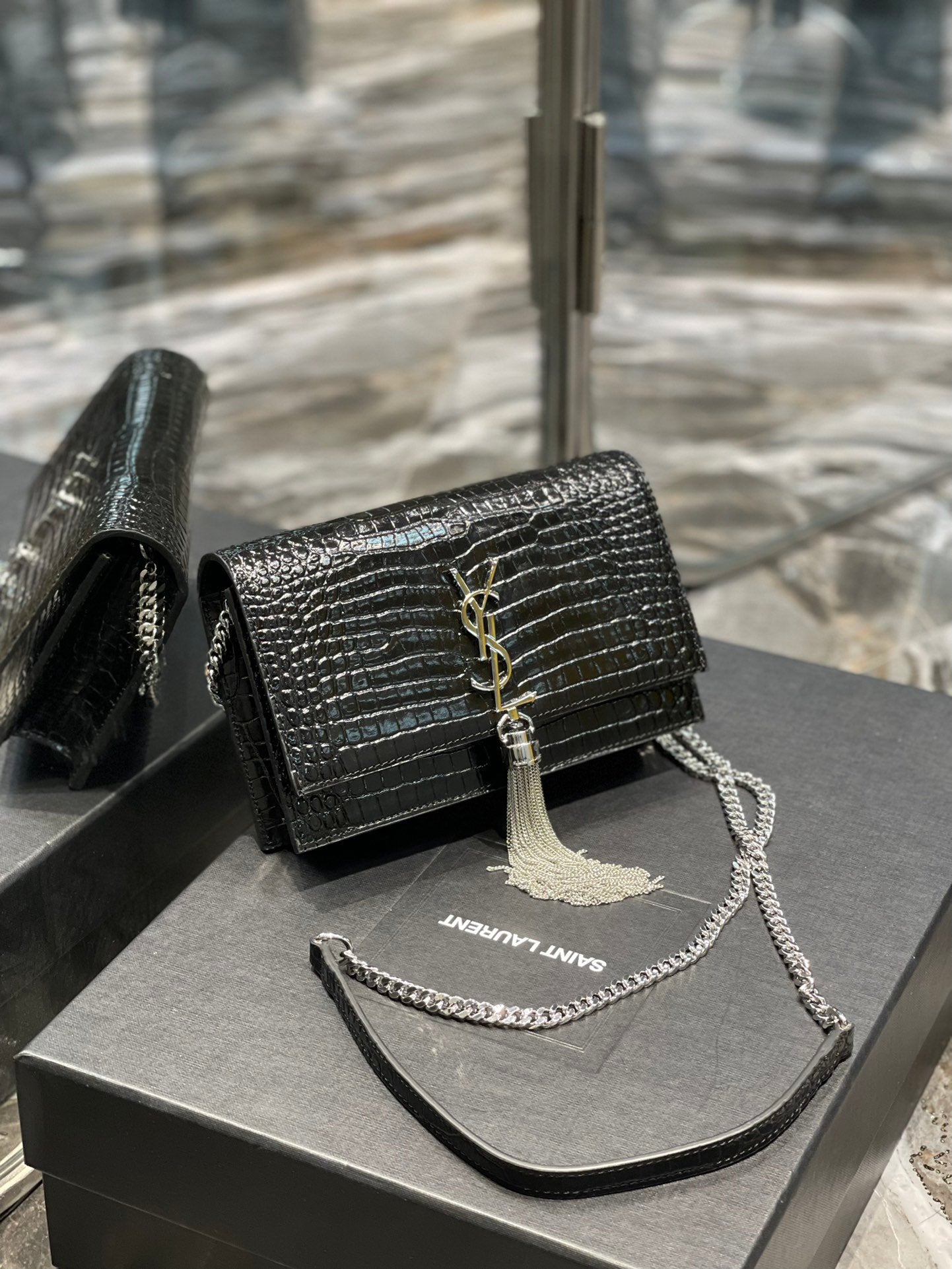 YSL "Full Black Croc Embossed Leather Kate Wallet"