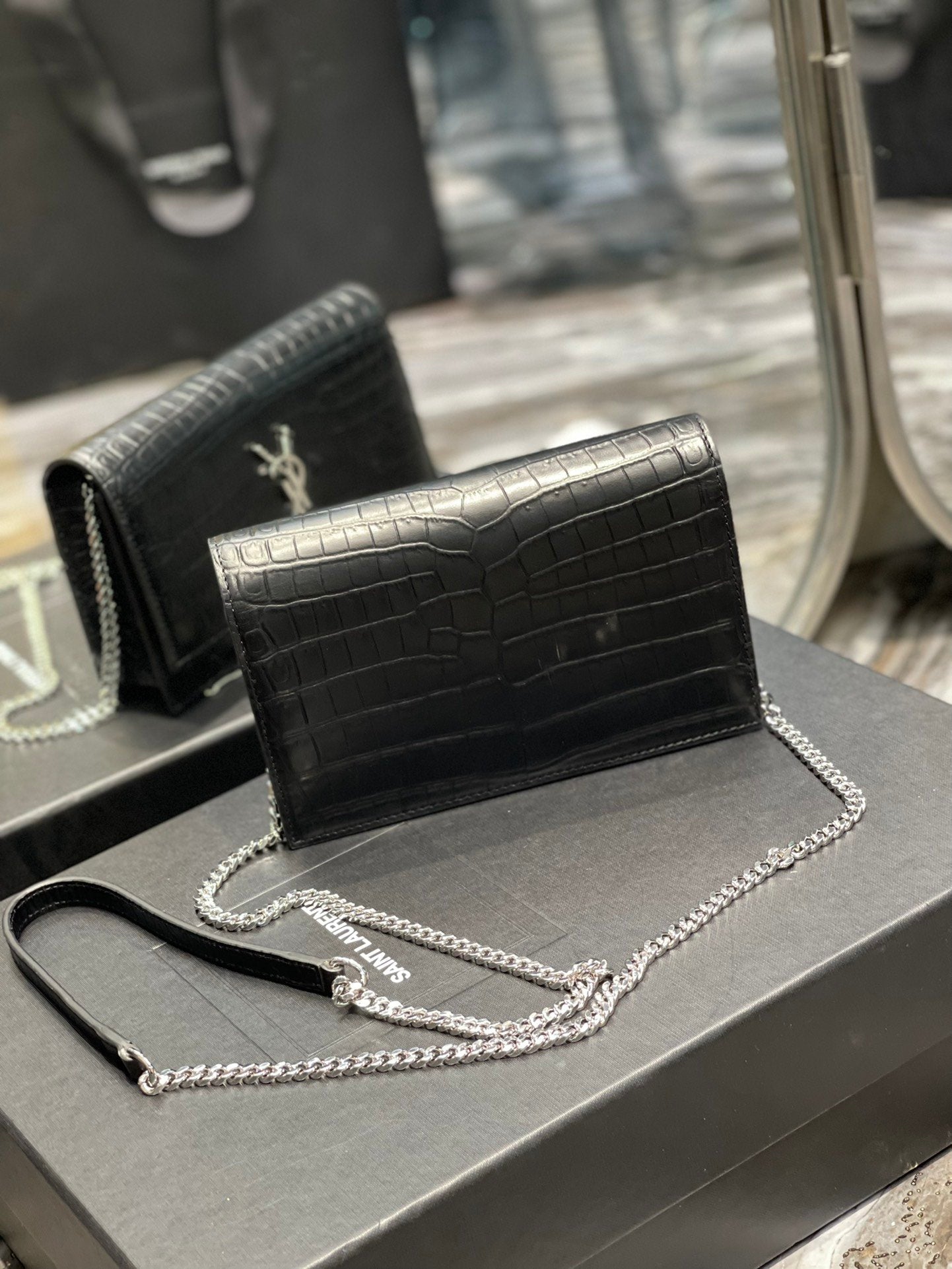 YSL "Black and Silver and Gold Croc Embossed Leather Kate Wallet"