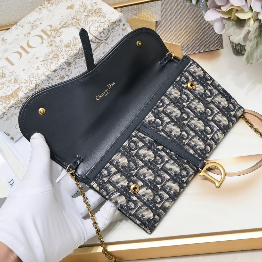 Dior "Trotter Oblique Saddle Chain Wallet Blue Leather"