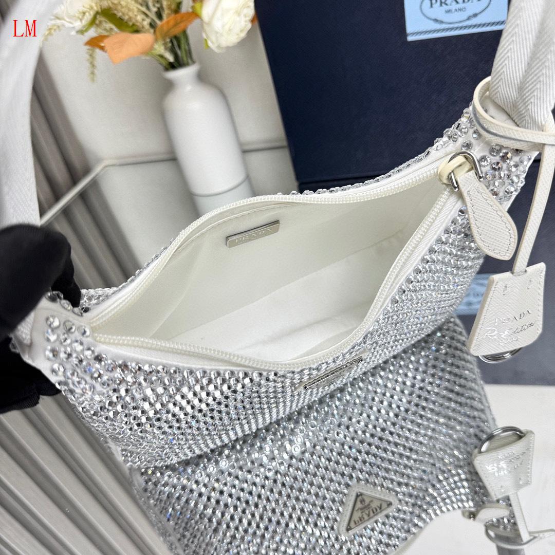 Prada "White Crystal Re-Edition Satin mini-bag with Crystals"
