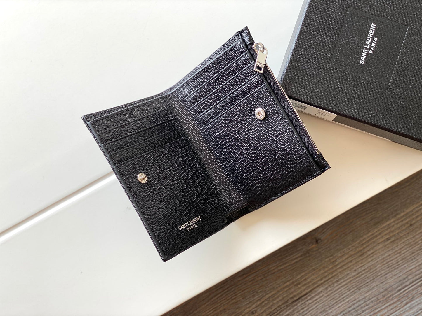 YSL "Monogram Wallet in Black and Silver Grained Leather"