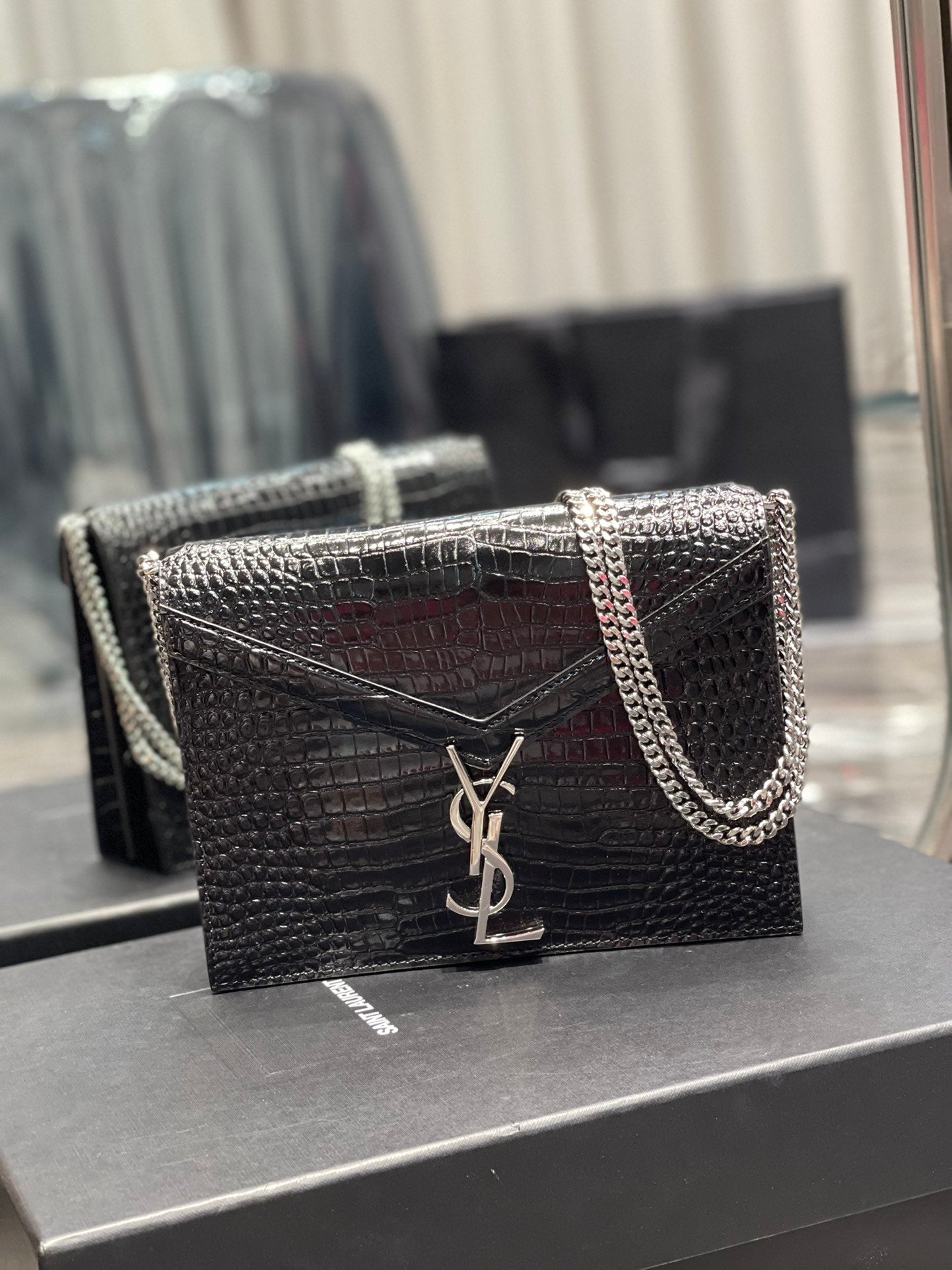 YSL "Cassandra Black and Silver Monogram Crocodile Leather Crossbody"