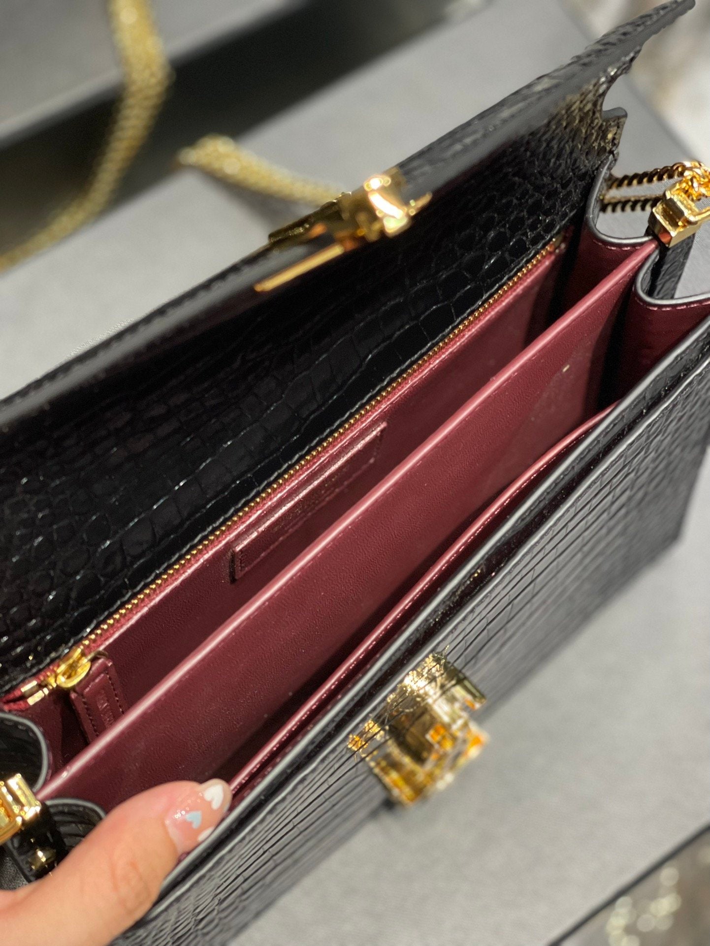 YSL "Cassandra Black and Gold Monogram Crocodile Leather Crossbody"