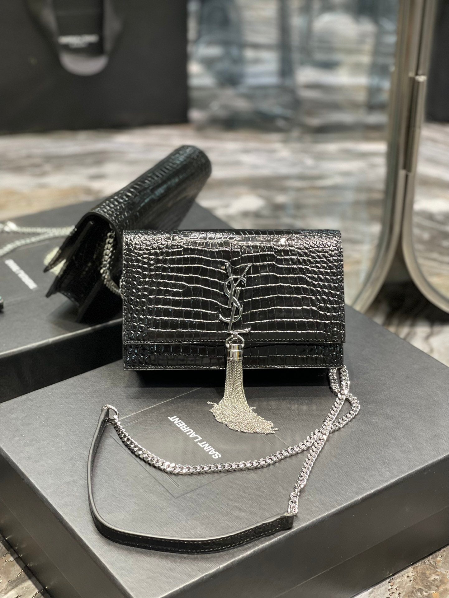 YSL "Full Black Croc Embossed Leather Kate Wallet"