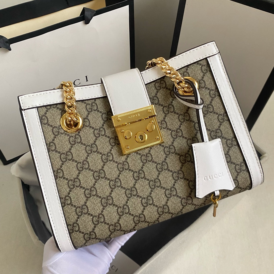 Gucci "GG Supreme Padlock Shoulder Bag White Leather"