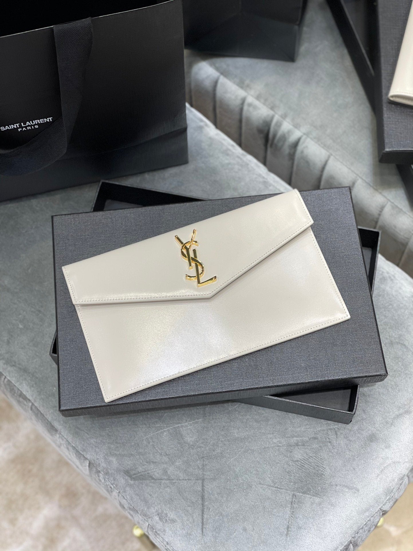 YSL "Medium Uptown Monogram Leather White and Gold"