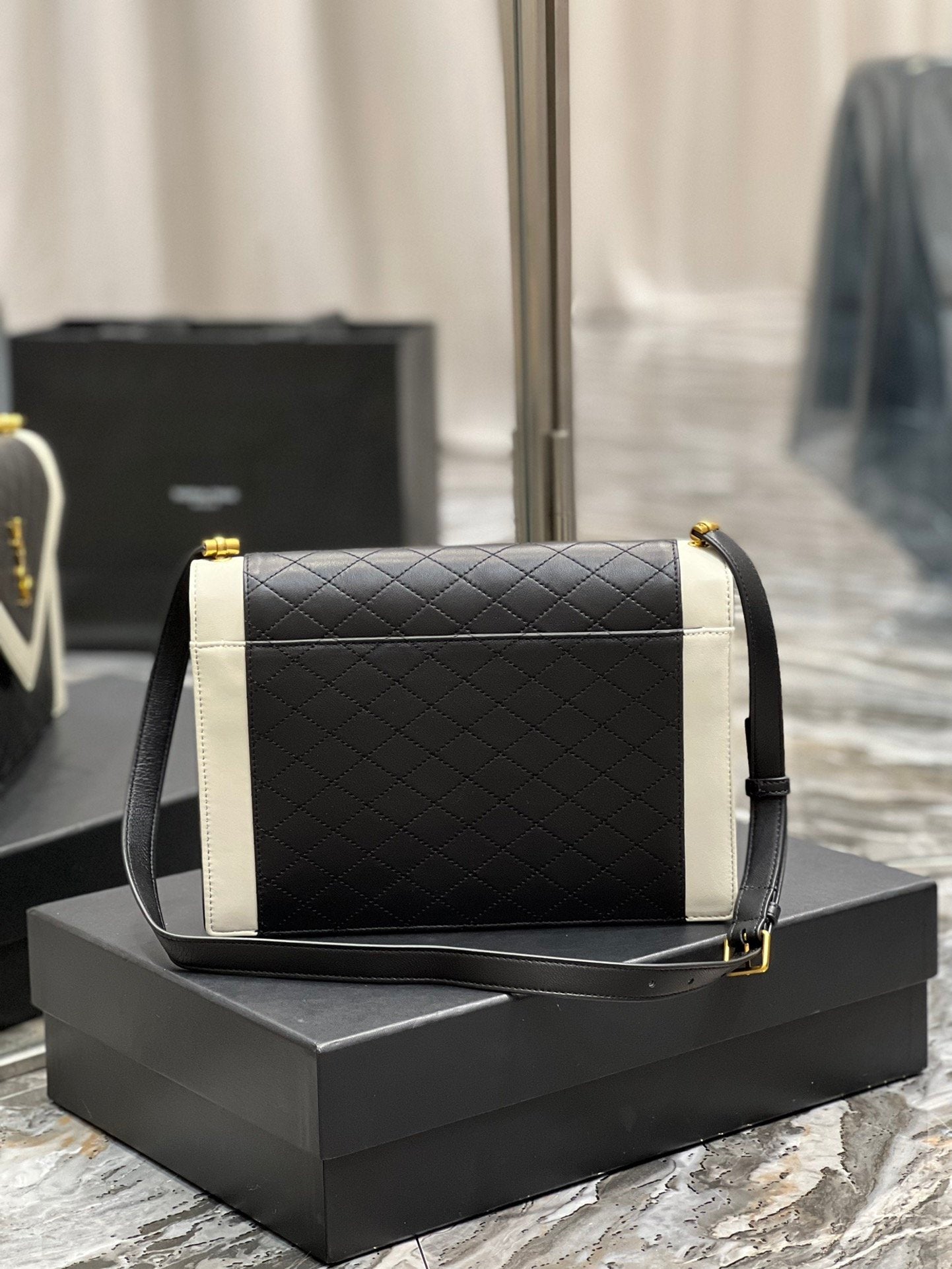 YSL "Mini Quilted Lambskin Monogram Gaby Crossbody Bag Black and White"