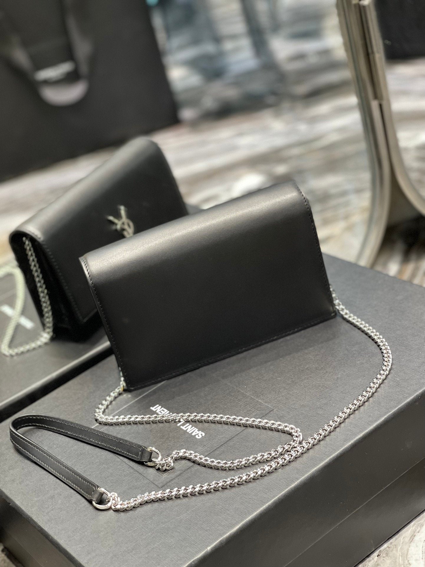 YSL "Black and Silver Kate Small Chain Bag with Tasse"