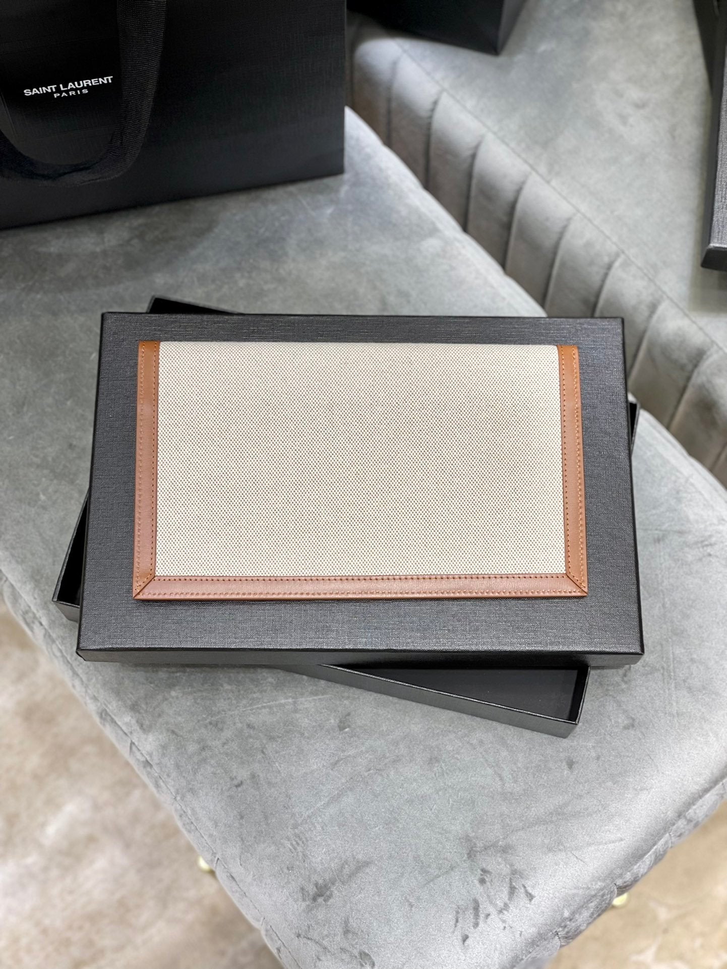 YSL "Medium Uptown Monogram Leather Beige"
