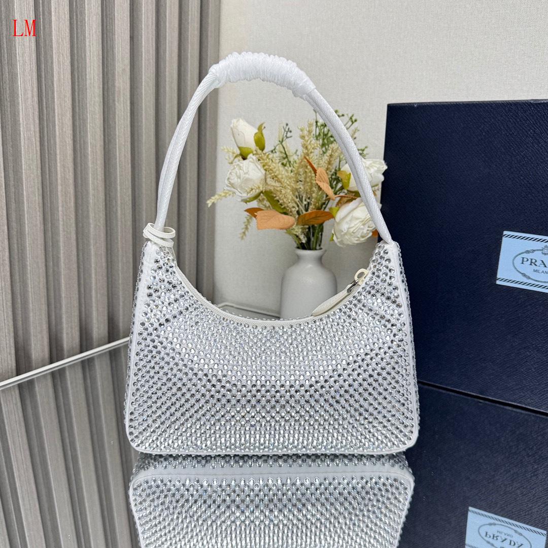 Prada "White Crystal Re-Edition Satin mini-bag with Crystals"