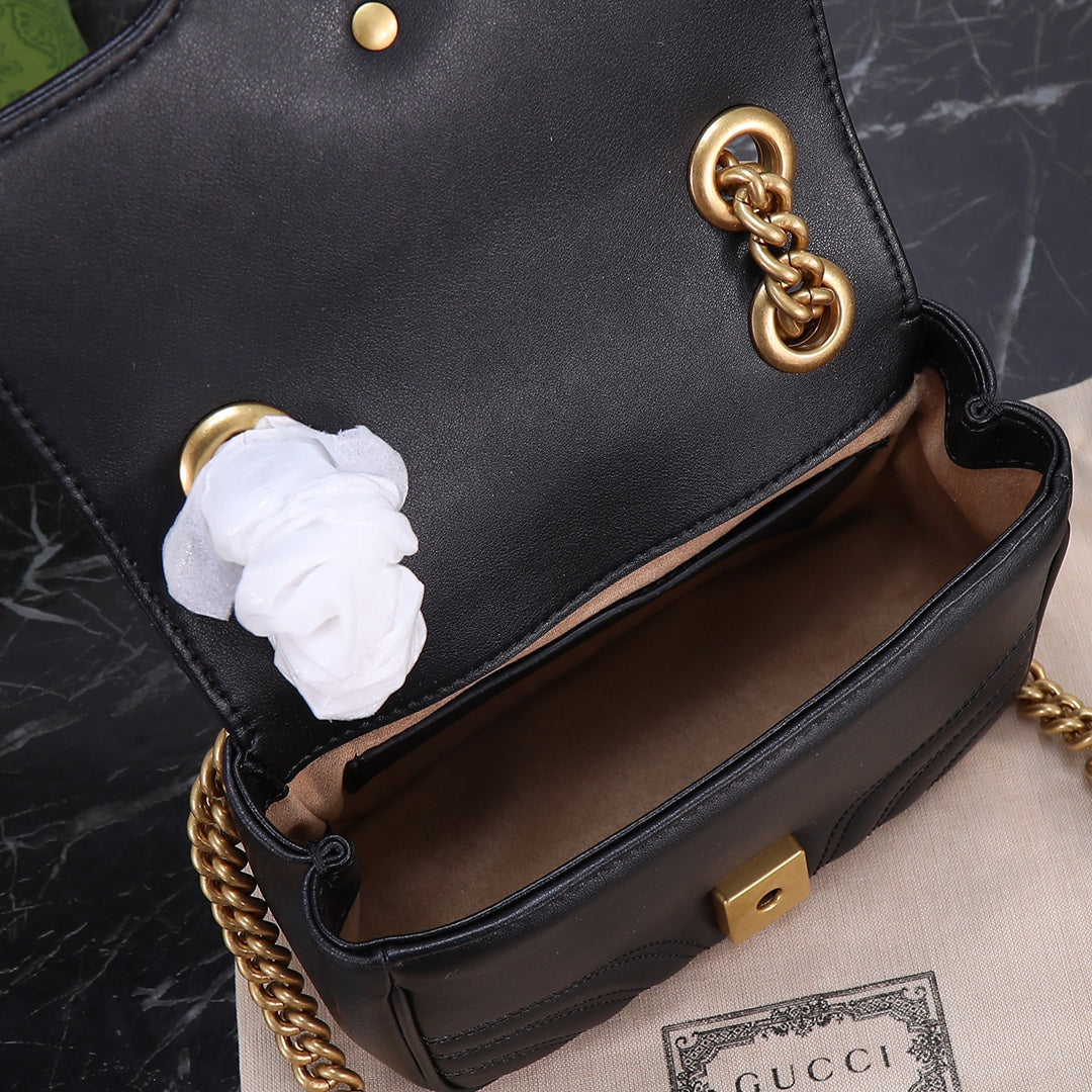 GUCCI "Calfskin Matelasse Mini GG Marmont Square Shoulder Bag Black"