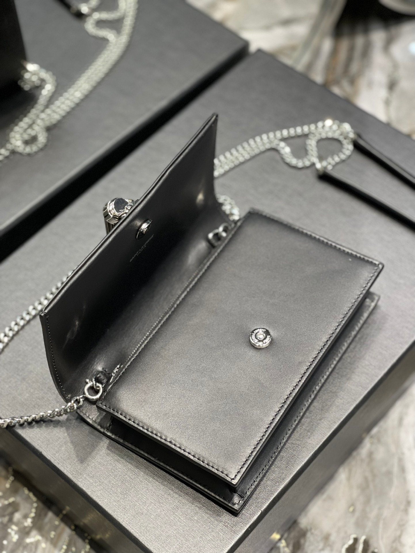 YSL "Black and Silver Kate Small Chain Bag with Tasse"